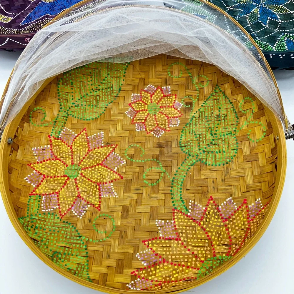Set of 3 Bamboo Food Serving Tent Basket Hand Painted Boho Picnic Cover Mesh Net